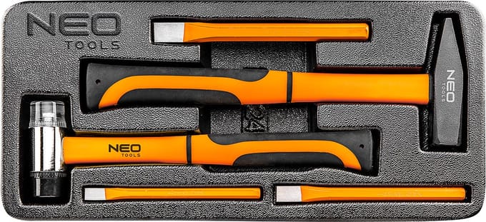 Neo Tools Hamer En Koudbeitelset 5 Delig Inleglade Koudbeitel 10,13,16mm Bankhamer 300gr Terugslag Vrije Hamer 300gr