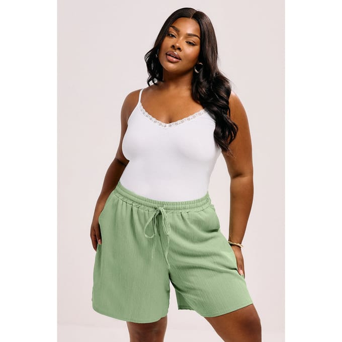 Yours Sage Green Crinkle Tie Waist Shorts Size 58-60