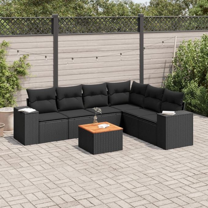 vidaXL - 7-delige - Loungeset - met - kussens - poly - rattan - zwart