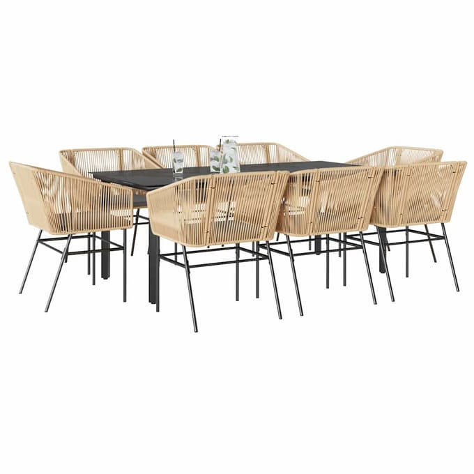 vidaXL - 9-delige - Tuinset - met - kussens - poly - rattan - glas - bruin