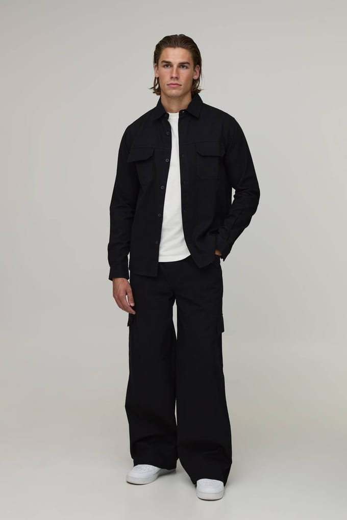 Regular Overhemd & Straight Fit Cargo Broek Set | Black | Size Medium