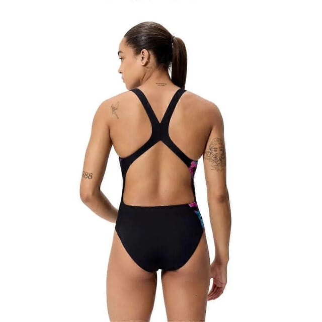 Speedo Dames Badpak Placement Printed Powerback Zwart/Blauw