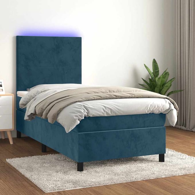 vidaXL - Boxspring - met - matras - en - LED - fluweel - donkerblauw - 90x190 - cm