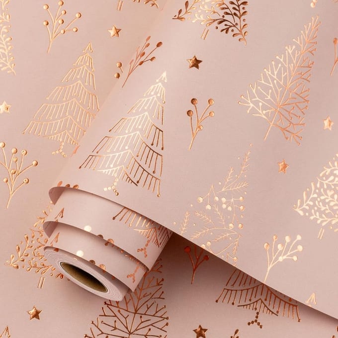 Kerst inpakpapier rol 3D reliëf kerstboom ster rose goud roze 43x10m