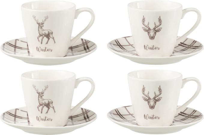 J-Line theemok + schotel Rendier - keramiek - wit/bruin - giftbox van 4