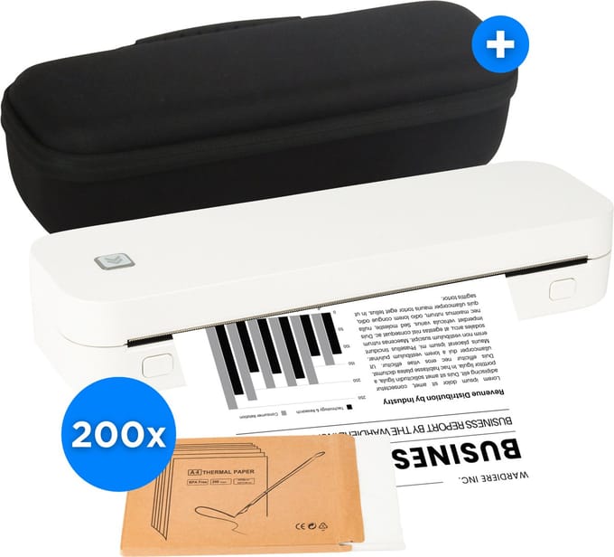 Impressora Térmica® - Thermische A4 printer - Combideal met Draagtas + 200 Vellen Thermisch Papier + 2 papierrollen - Mini Printer voor Mobiel/Tablet/Laptop - 304 DPI - Pocket Printer - Tattoo printer - Wit