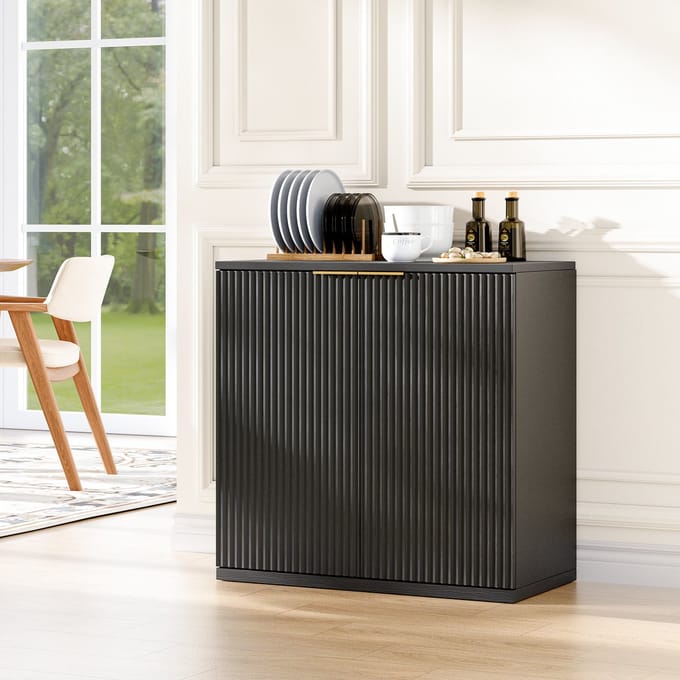 Dressoir - 60 x 30 x 70 cm - Opbergkast met Geribbelde Front en Metalen Greep - MDF - Zwart/Hout