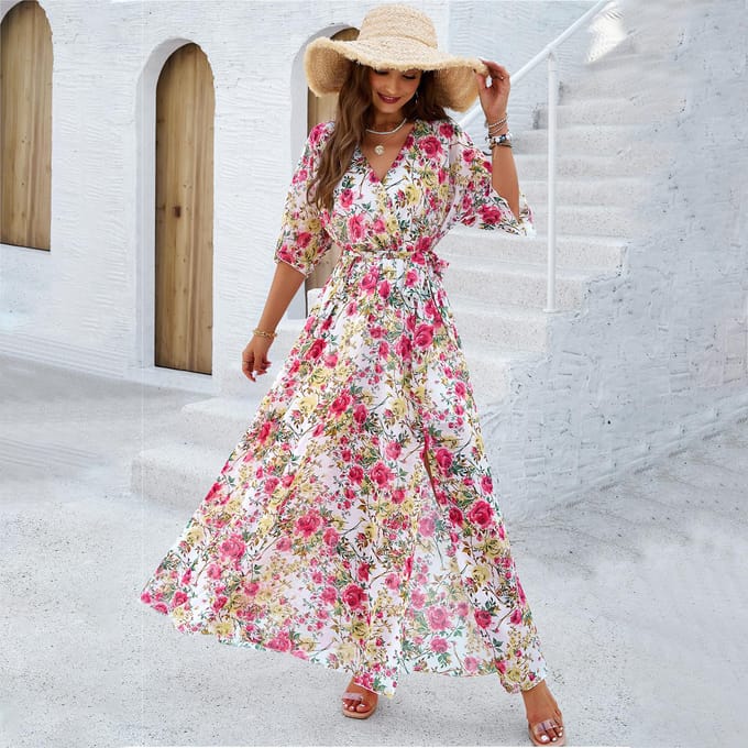 Dames Lente- en Zomer Temperament Elegant Bedrukte Taille-omsluitende Jurk XL gray