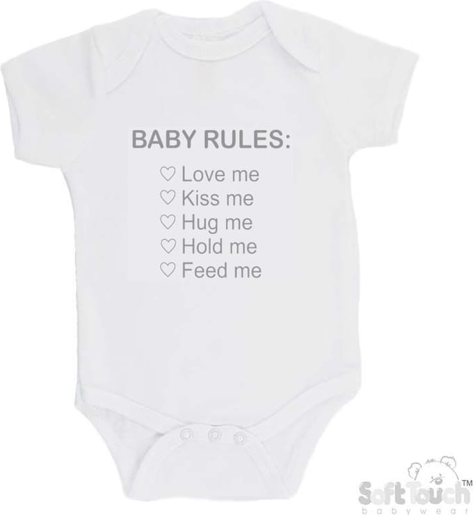 100% Katoenen Romper "Baby rules" Unisex Katoen Wit/grijs Maat 62/68