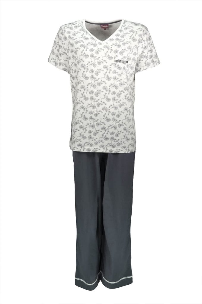 Medaillon Dames Pyjama - Katoen - V Hals - Grijs - Maat M