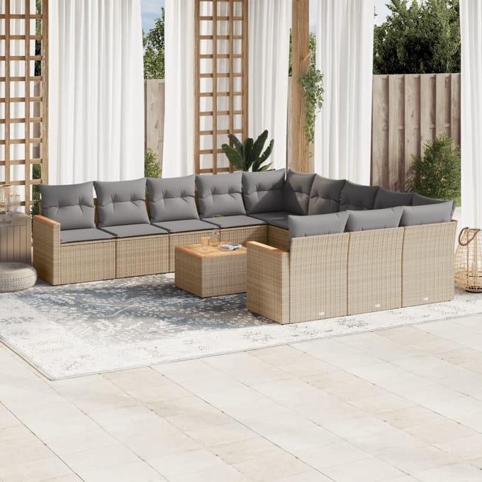 vidaXL - 12-delige - Loungeset - met - kussens - poly - rattan - gemengd - beige