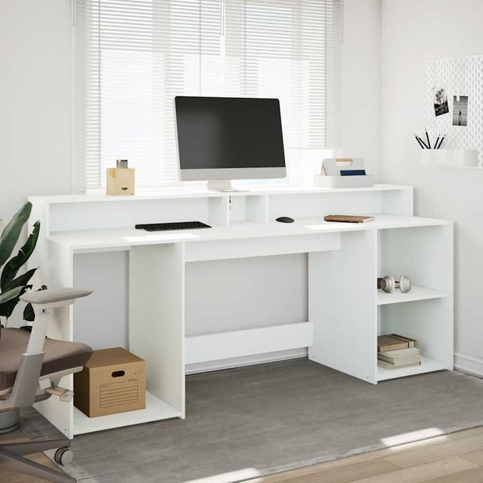 vidaXL - Bureau - met - LED-verlichting - 200x55x91 - cm - bewerkt - hout - wit
