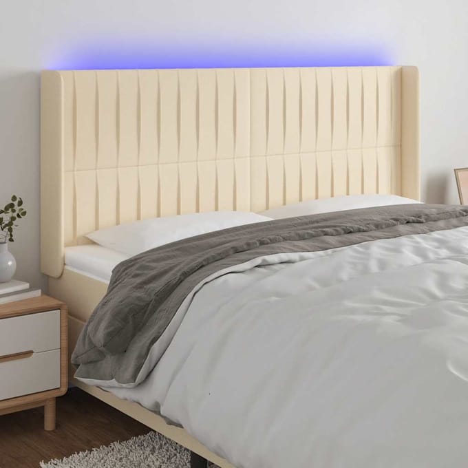 vidaXL - Hoofdbord - LED - 203x16x118/128 - cm - stof - crèmekleurig
