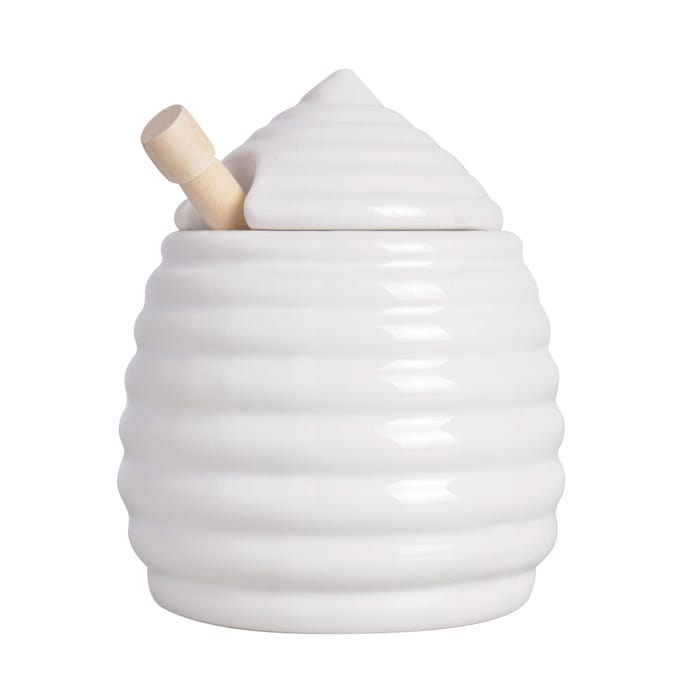 Esschert Design Honingpot incl lepel - wit - keramiek/hout - 400 ml