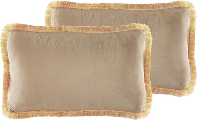 Set van 2 Beige Fluweel Sierkussens met Franjes 30x50 cm