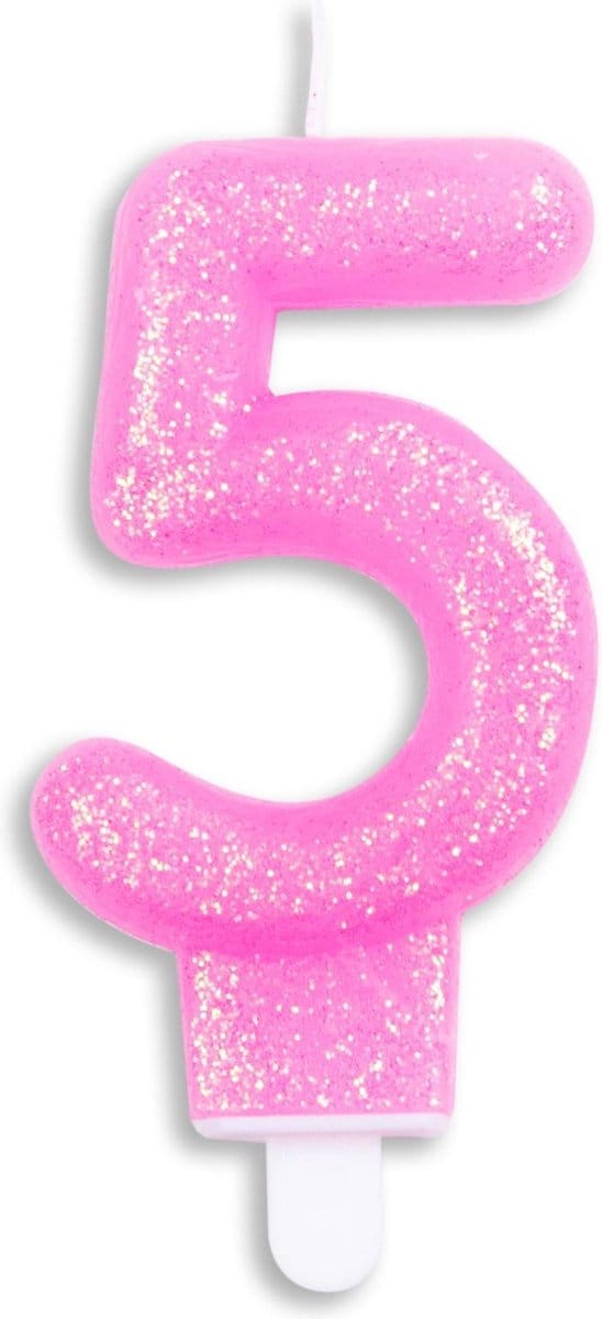 Wefiesta Cijferkaars 5 Glitter 7 Cm Wax Roze