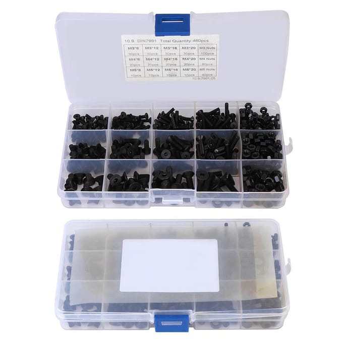 460 Stuks Zeskantbouten Set Zwart Platte Kop Moer Koolstofstaal Combinatie Doos M3 M4 M5