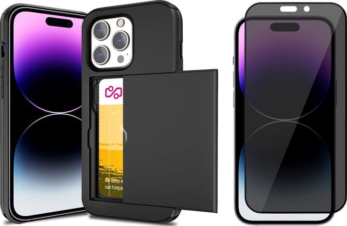 Hoesje met Pasjeshouder geschikt voor iPhone 13 Pro Max - Privacy Screen Protector FullGuard - Back Cover SlideCase Zwart & Screenprotector