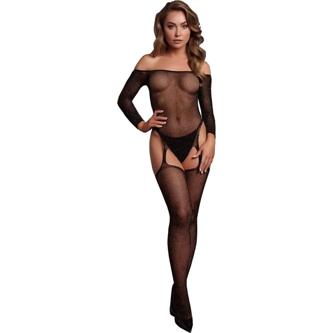 Le Desir- Glimmende bodystocking blote schouders - Zwart
