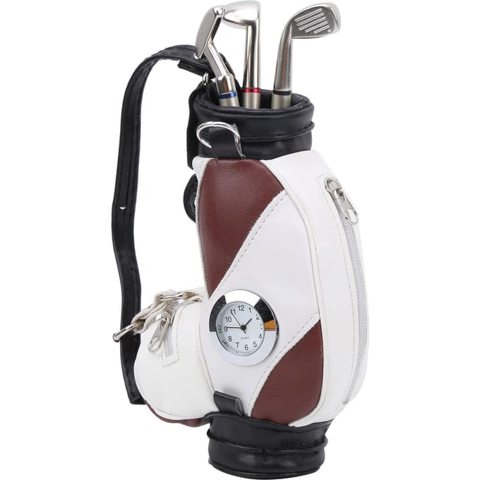 Mini Desktop Golftas Pen Klok Zinklegering PU Leer met Golfpennen Souvenir Set Cadeau Bruin Wit black
