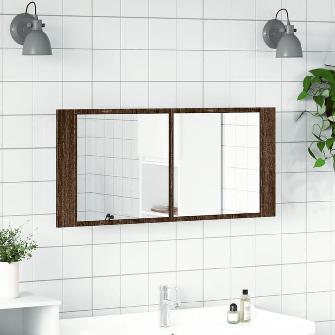 vidaXL - Badkamerkast - met - spiegel - en - LED - 100x12x45 - cm - bruin - eikenkleurig