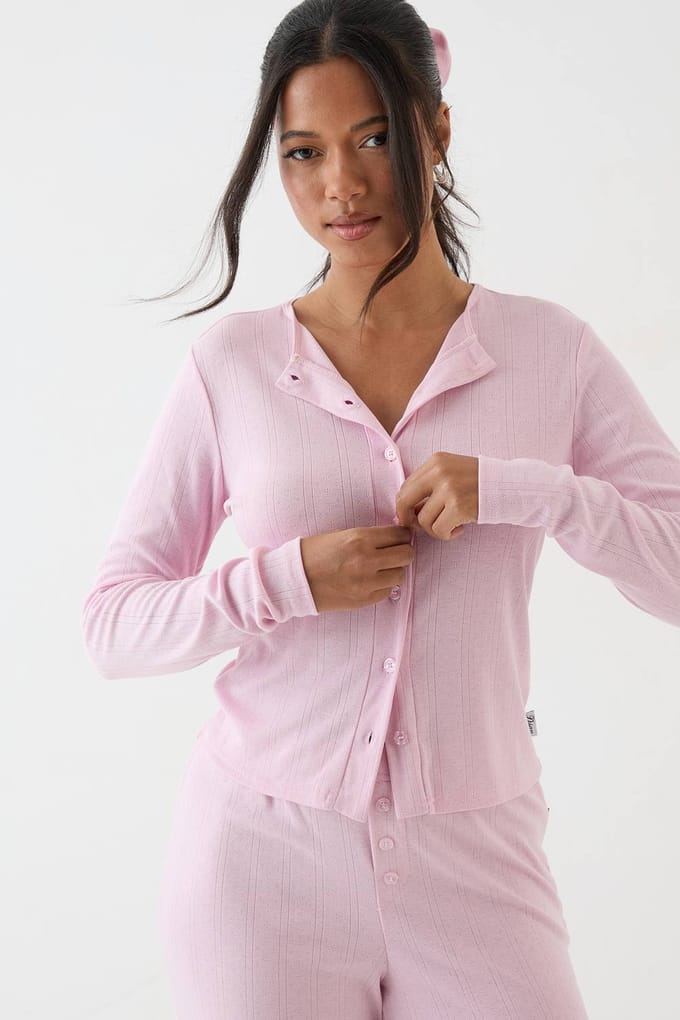 Dames Dsgn Studio Pointelle Top Met Knoopsluiting En Lange Mouwen | Lichtroze | Maat: Medium