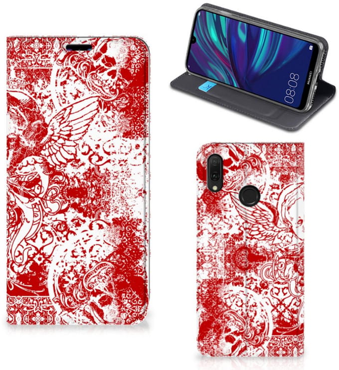 Mobiel BookCase Huawei Y7 hoesje Y7 Pro (2019) Angel Skull Rood