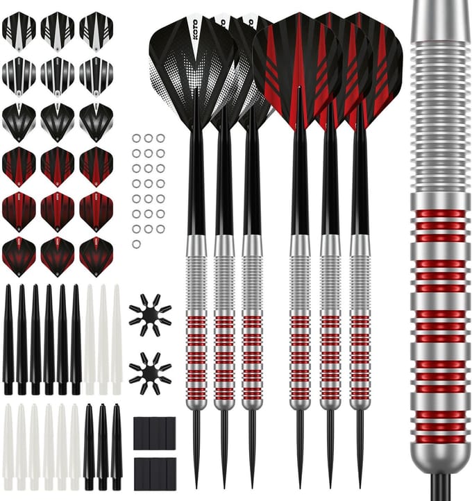 2 Sets KOTO Straight Silver Red Brass Darts + 90 Pieces Accessories - Dartpijlen 18 Gram