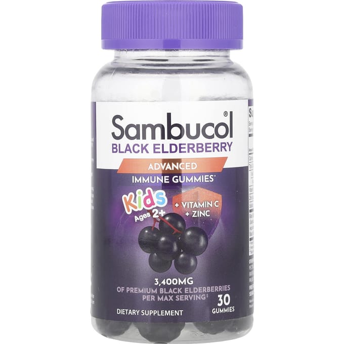 Sambucol, kinderzwarte vlierbessengummies + vitamine C + zink, vanaf 2 jaar, 30 gummies