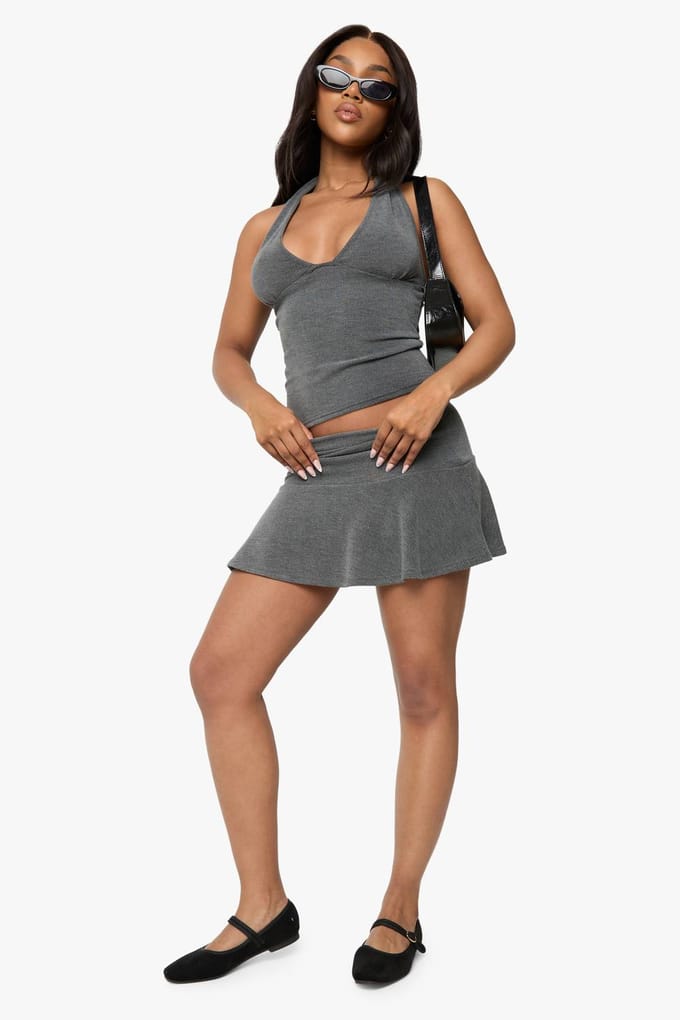 boohoo Dames Geribbelde Peplum Minirok met Franjezoom | Charcoal | Maat: 10