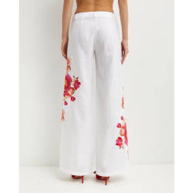 Raffaela D'Angelo Pantalone lino con applicazioni fiori color