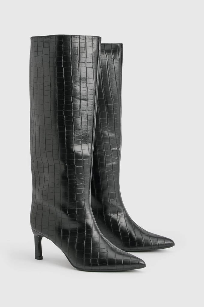 boohoo Dames Croc Column Spitse Kniehoge Hakkenlaarzen | Black | Maat: 4