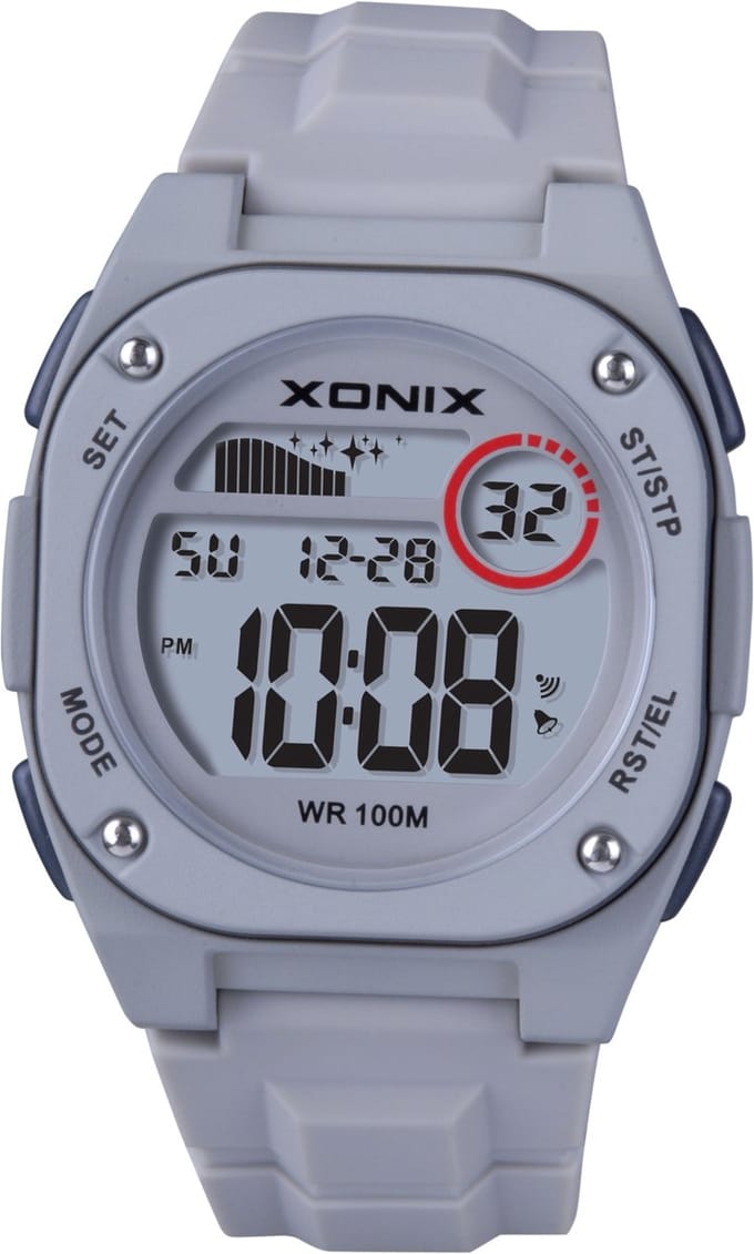 Xonix-herenhorloge-model bbm-001-datum-alarm-12/24 uurs aanduiding-backlight-countdown timer-chrono-100 meter waterdicht-grijs