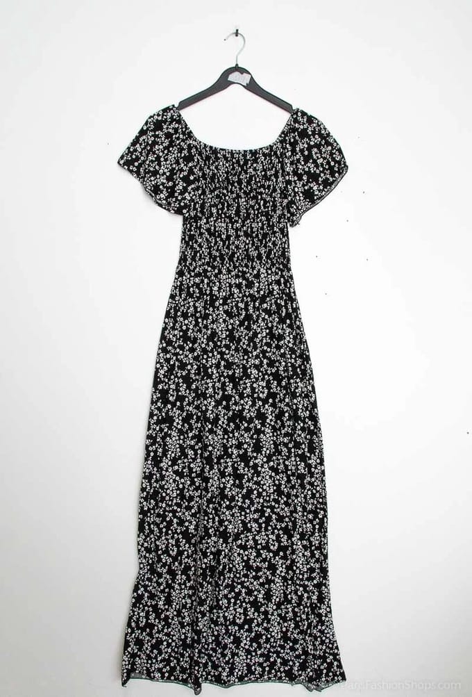 Lange dames jurk Diona gebloemd motief zwart wit Maat S/M