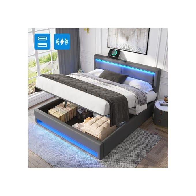 Lit rembourré - MUVOE - 160 x 200 cm - USB - Éclairage LED - Rangement intégré gris