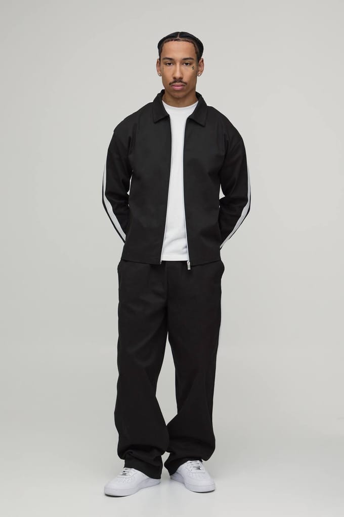 Twill Contrast Tape Oversized Boxy Zip Up Overshirt & Balloon Trouser Set | Charcoal | Size Medium