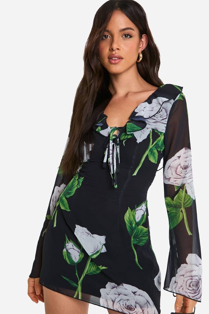 boohoo Dames Florale Chiffon Ruffle Shift Jurk | Black | Maat: 8