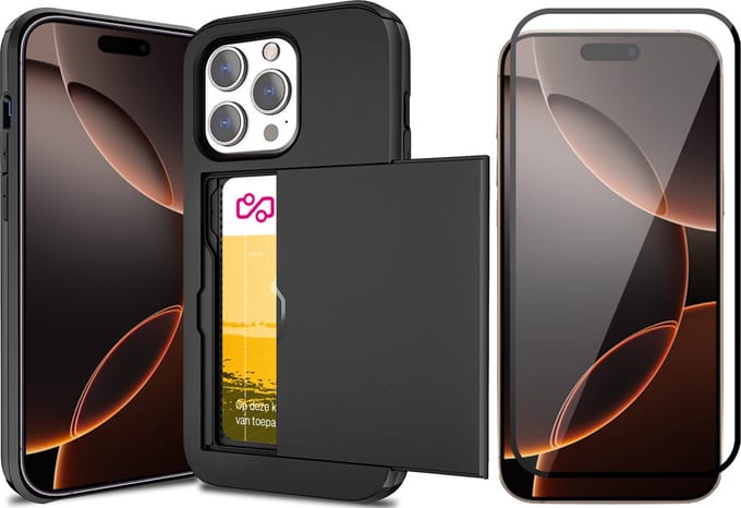 Hoesje met Pasjeshouder geschikt voor iPhone 16 Pro - Screen Protector FullGuard - Back Cover SlideCase Zwart & Screenprotector