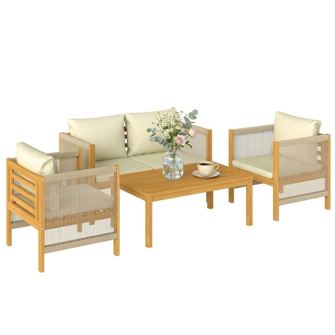 Outsunny Tuinbankset-Acaciahout, Polyester-120L x 60B x 64H cm-Beige