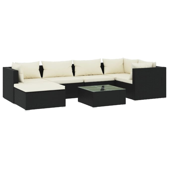 vidaXL - 7-delige - Loungeset - met - kussens - poly - rattan - zwart