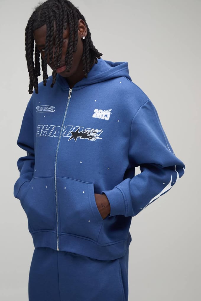 Oversized Boxy Trainingspak Met Strass Steentjes En Moto Ritssluiting | Cobalt | Size Large