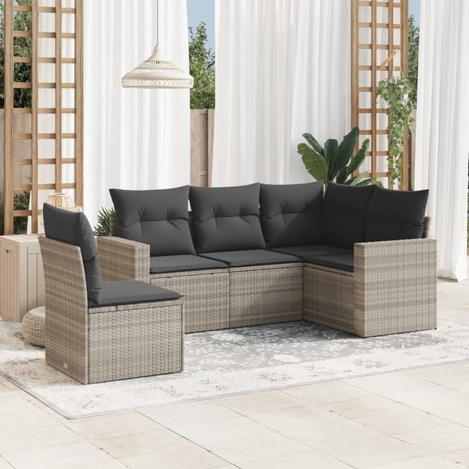 vidaXL - 5-delige - Loungeset - met - kussens - poly - rattan - lichtgrijs