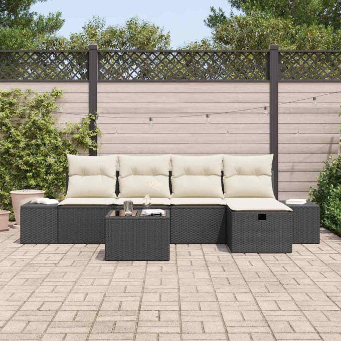 vidaXL Tuinbank Set met kussen 6 pcs Zwart poly rattan