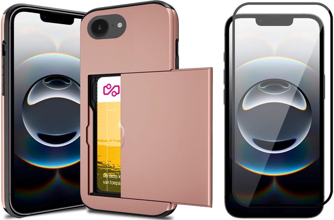 Hoesje met Pasjeshouder geschikt voor iPhone 16e - Screen Protector FullGuard - Back Cover SlideCase Roségoud & Screenprotector