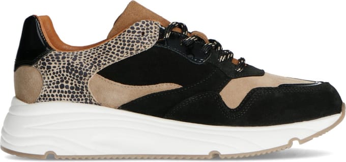 Manfield - Dames - Zwarte lage sneakers met cheetahprint - Maat 41