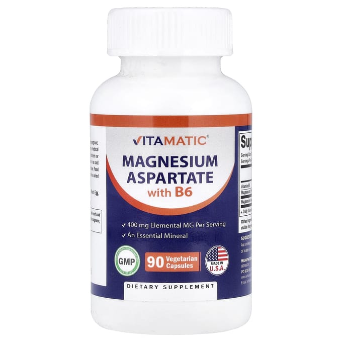 Vitamatic, Magnesiumaspartaat, B6, 90 Plantaardige Capsules