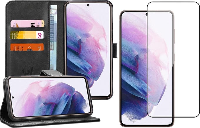 Hoesje geschikt voor Samsung Galaxy S21 - Screen Protector FullGuard - Book Case Kunstleer Pasjeshouder Zwart & Screenprotector