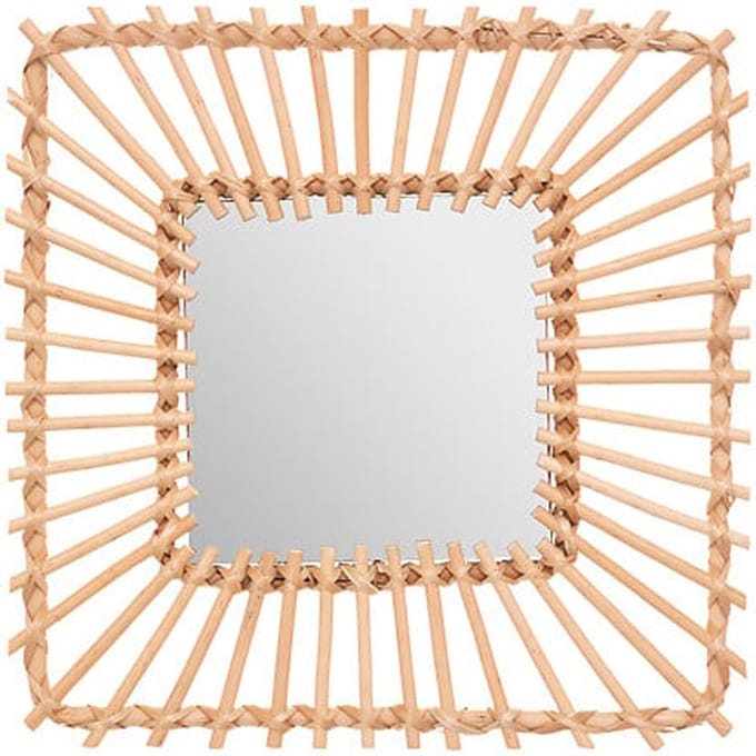 Atmosphera Wandspiegel Leonie - Boho/Ibiza stijl - vierkant - rotan - lichtbruin - 40 x 40 cm