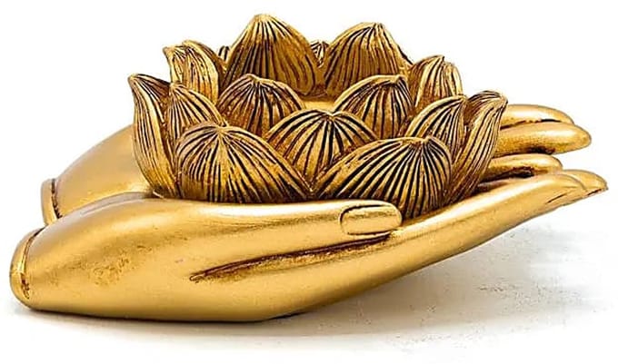 Theelichthouder Lotus handen goudkleurig