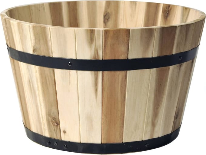 Mega Collections Plantenbak/bloempot - Low Barrel - hout - bruin - D33 x H21 cm